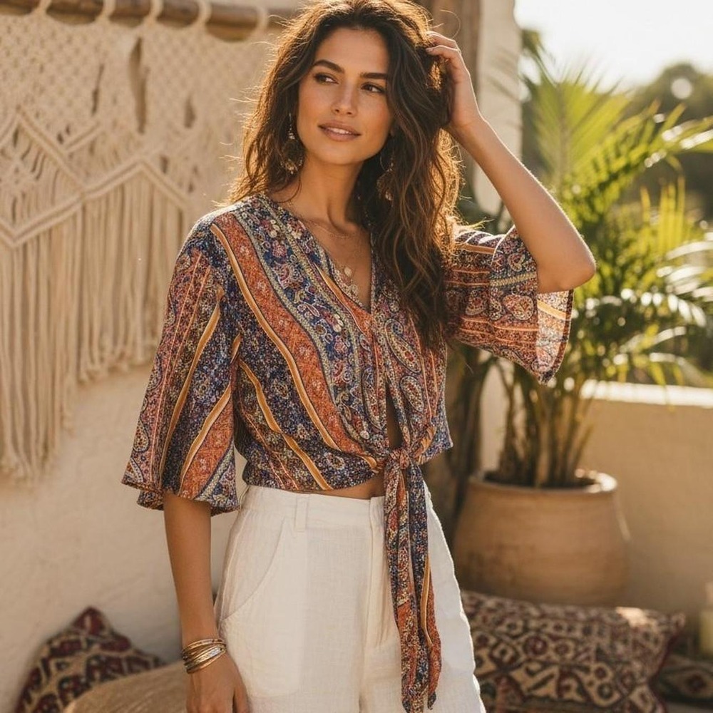 Boho Paisley Tie Front Crop Blouse Medium Excellent Condition Just Polly